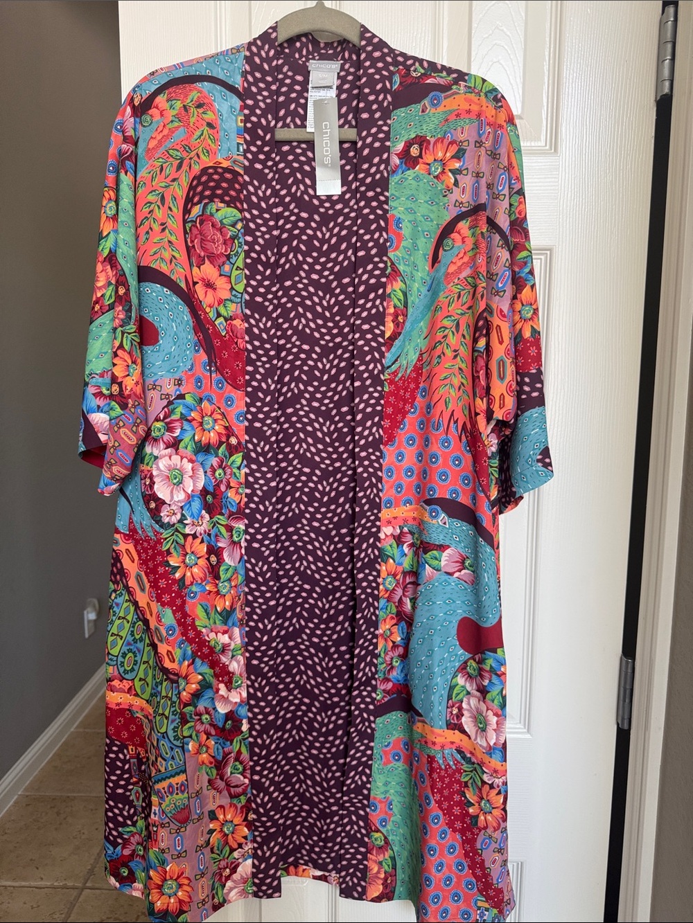 Chico's Multicolor Floral & Paisley Kimono with Purple Trim. NWT. Size S / M